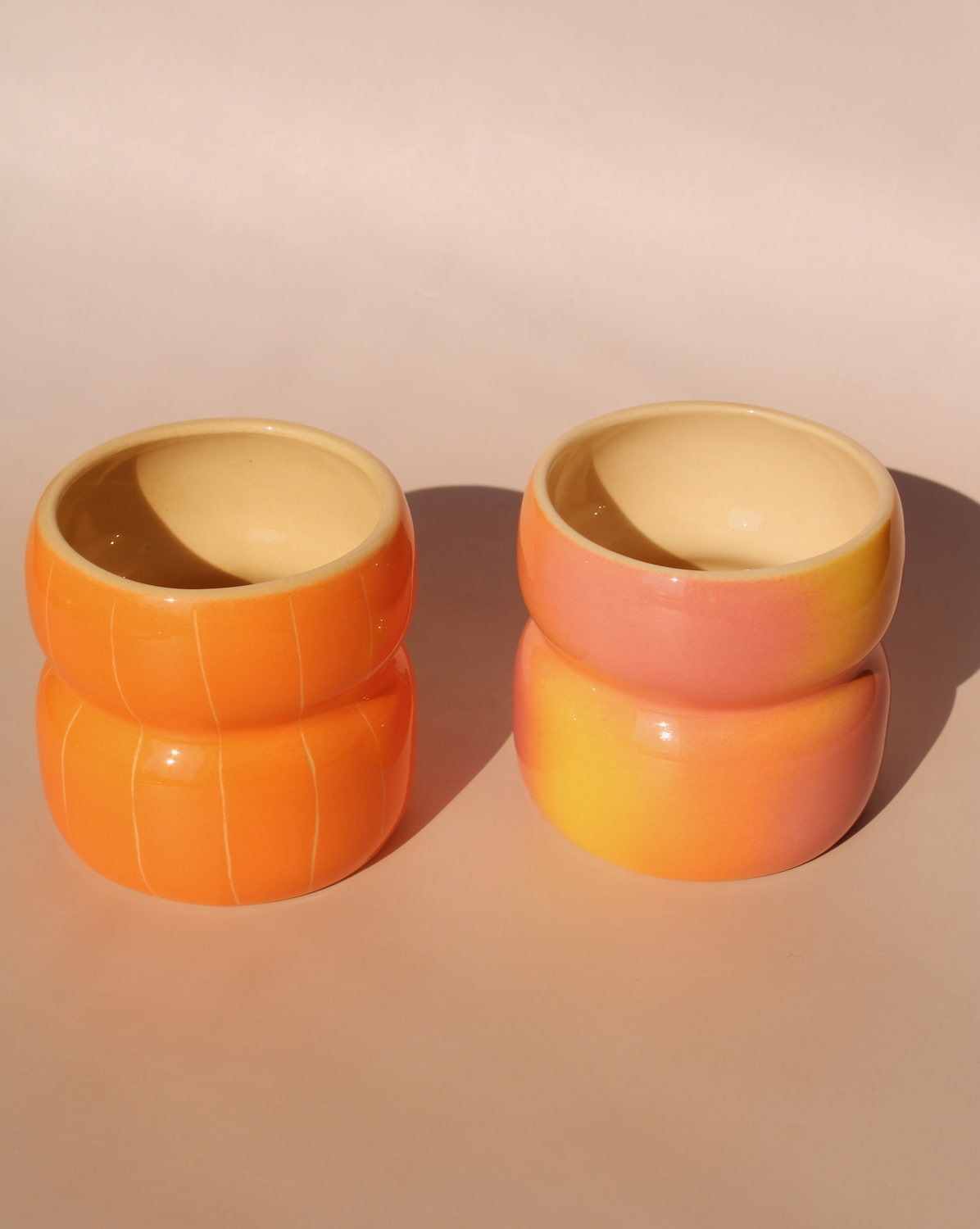 Belly ceramic mugs by Agata Puławska in mixed gradient glazes colorful handmade coffee cups collection