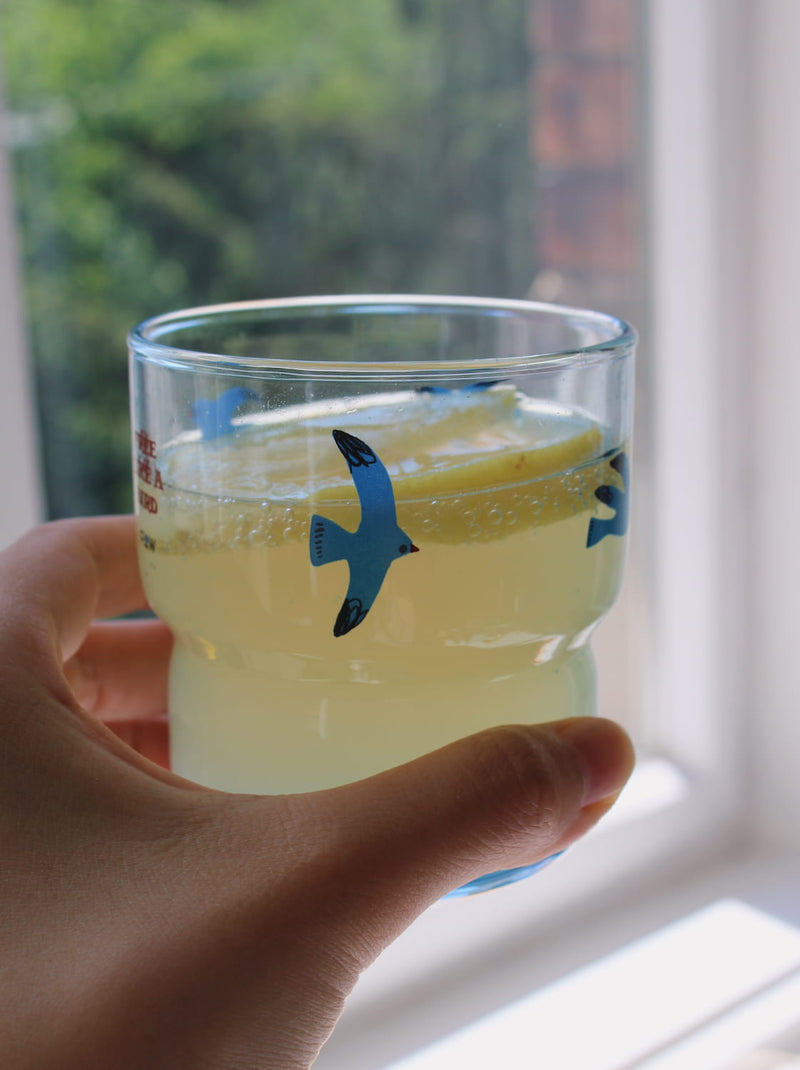 Hand holding a glass of lemonade with blue bird design against a window background