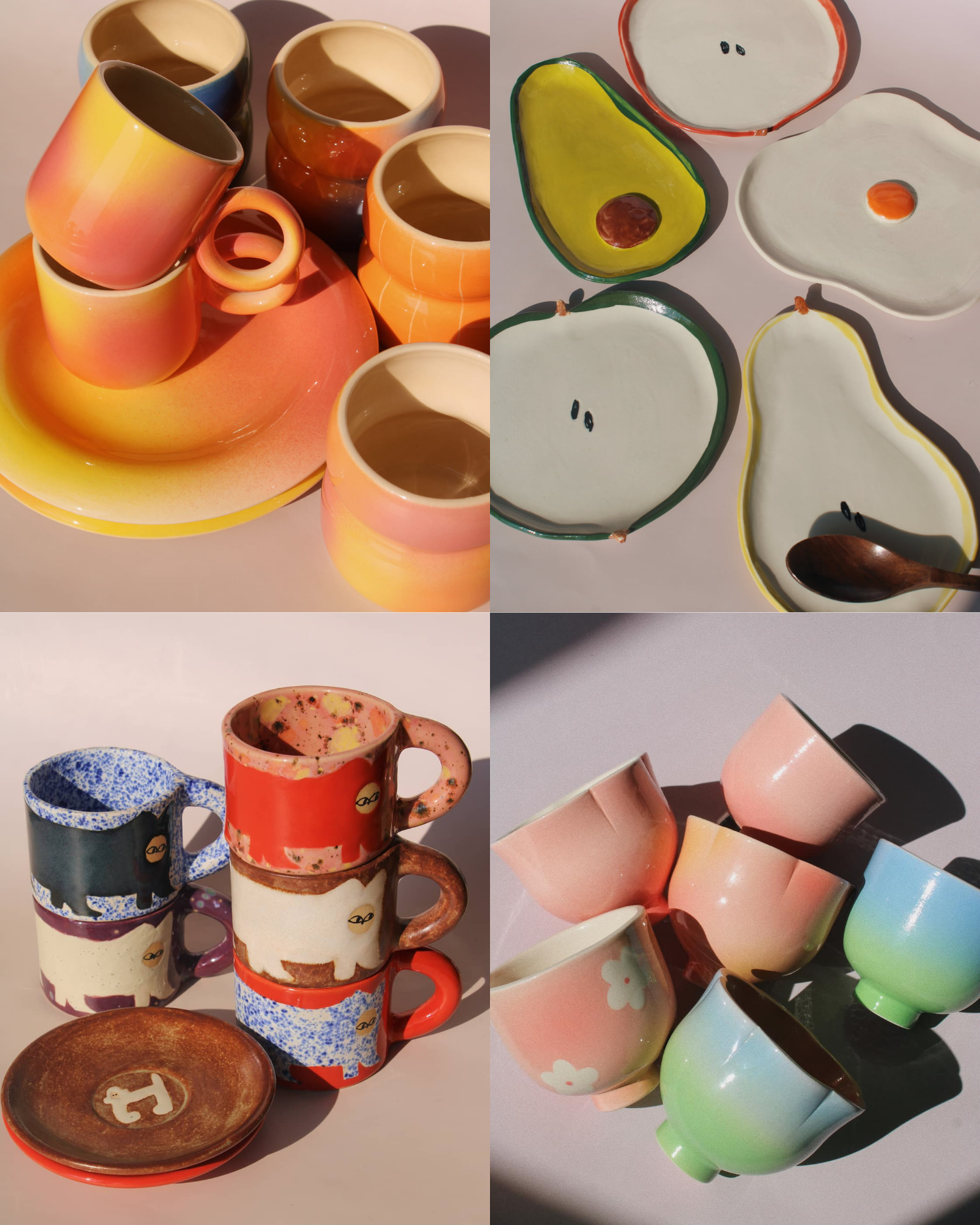 Collage of handmade ceramics by four independent artists — Elisa Ceramics, Agata Puławska, Marta Shurpakova, and Shannon O'Callaghan.