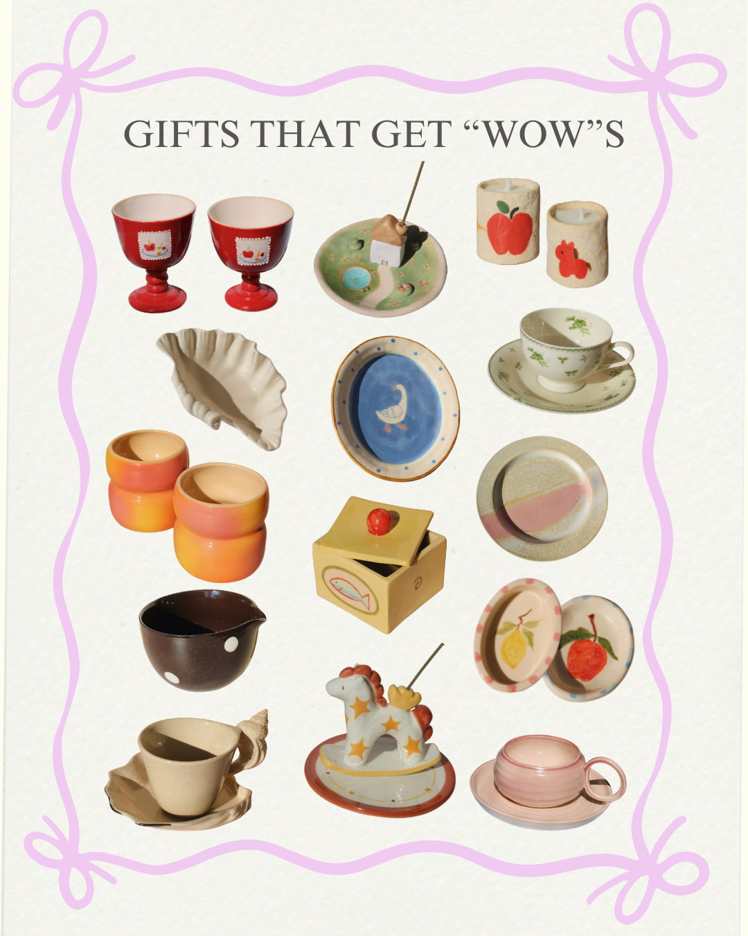 Collection of decorative ceramic items with a decorative border and text 'Gifts That Get 'Wows'.