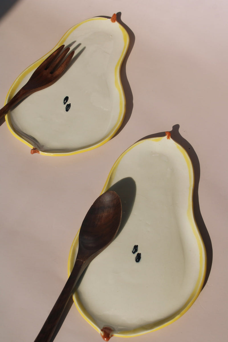 handmade ceramic pear spoon rest kitchen utensil holder by Elisa Ceramics fruit shaped spoon holder