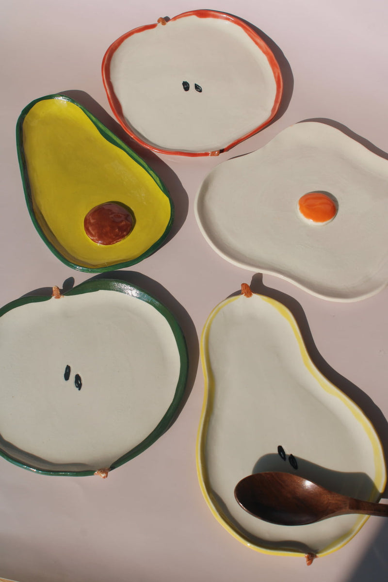 handmade ceramic fruit plates and spoon rests apple pear avocado egg playful kitchen ceramics set