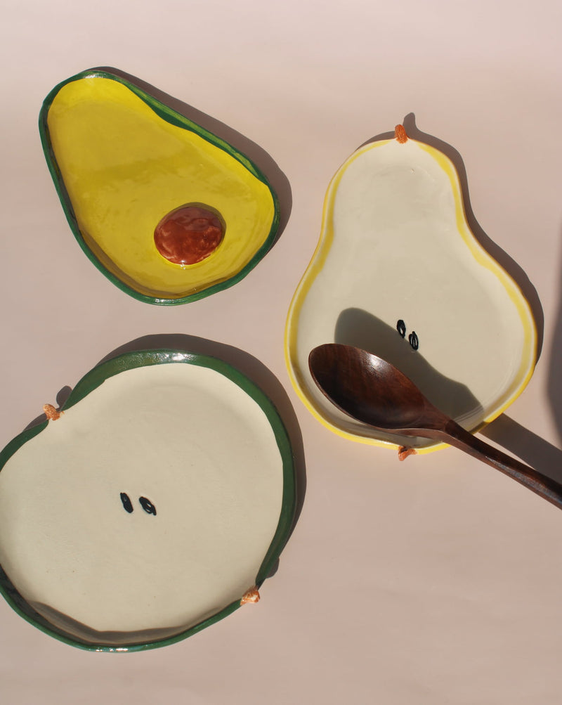 handmade ceramic fruit plates and spoon rest set playful kitchen ceramics avocado pear apple plates by Elisa Ceramics