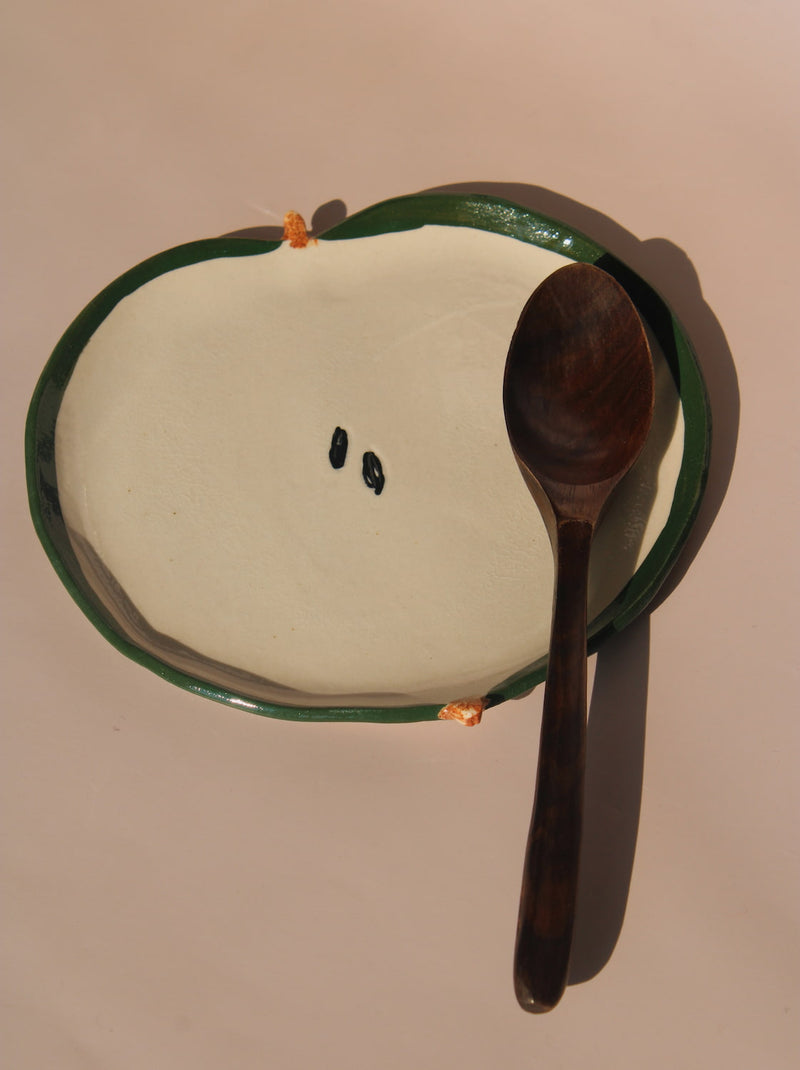 handmade green apple ceramic spoon rest kitchen utensil holder by Elisa Ceramics fruit shaped spoon rest