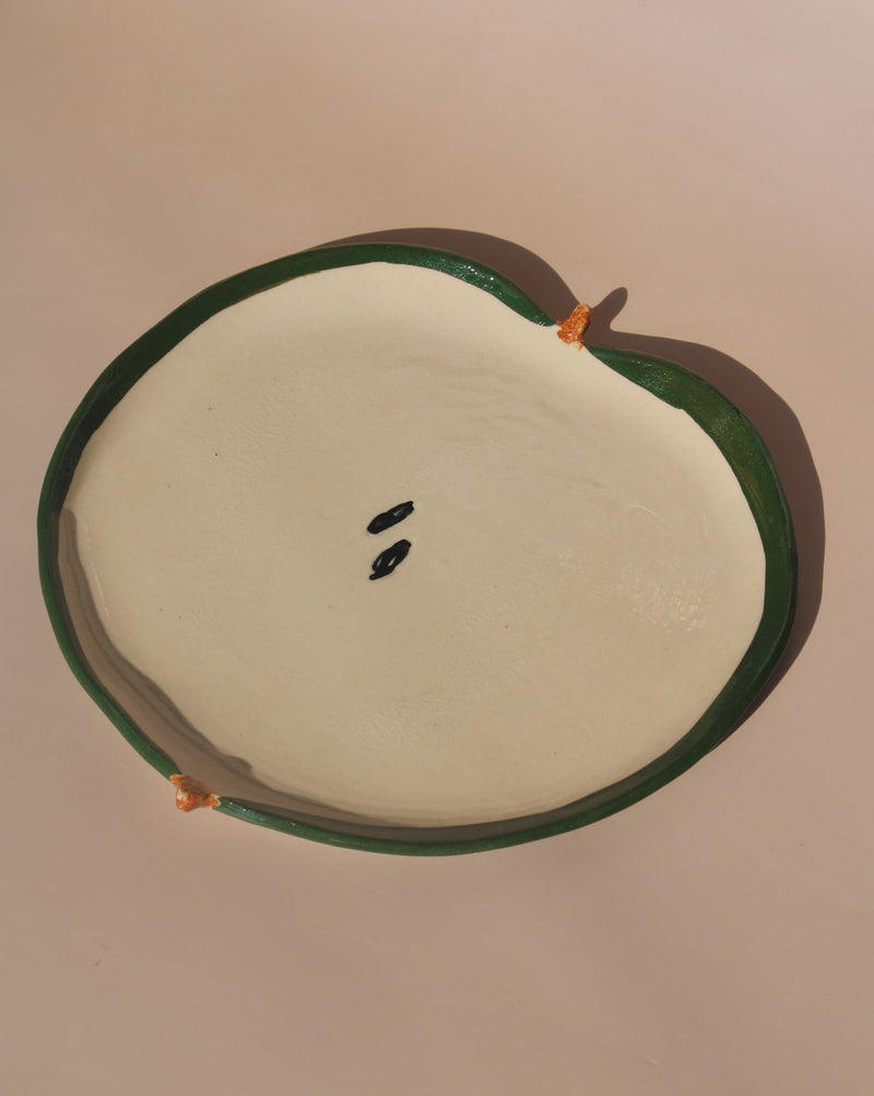 handmade green apple ceramic spoon rest kitchen utensil holder by Elisa Ceramics fruit shaped spoon rest