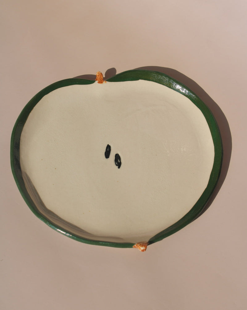 handmade green apple ceramic spoon rest kitchen utensil holder by Elisa Ceramics fruit shaped spoon rest