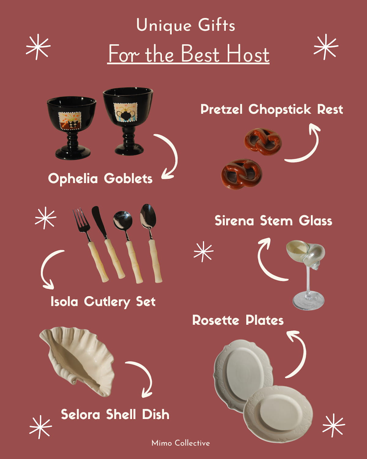 Promotional graphic for unique gifts for the best host with product names and images on a red background.
