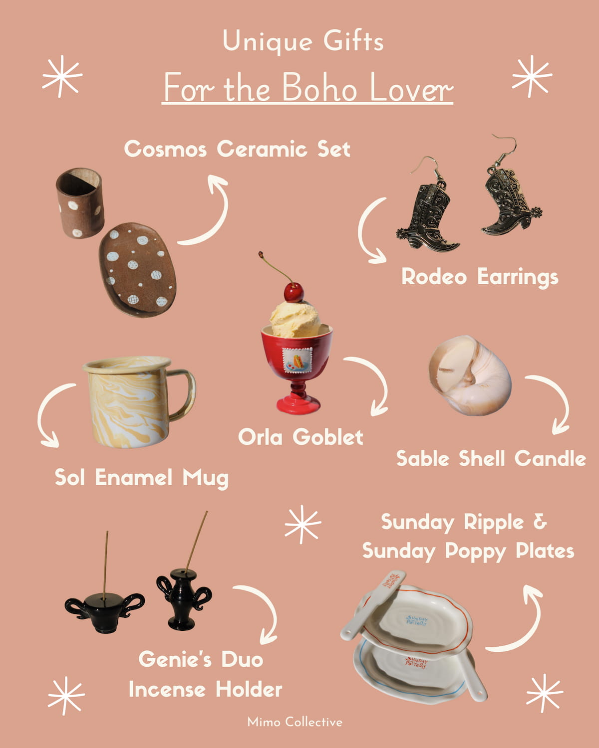 Boho gift guide featuring handmade ceramics, enamel mugs, goblets, incense holders, candles, plates, and statement earrings curated by Mimo Collective
