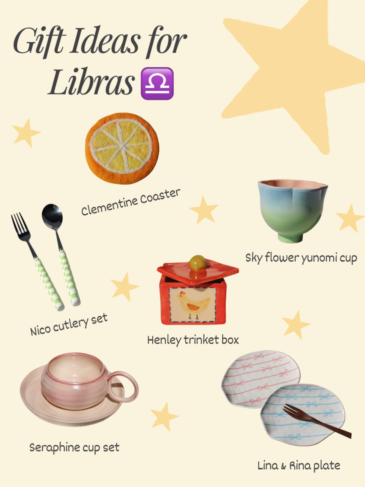 Gift ideas for Libra featuring a colorful ceramic cup, citrus coaster, patterned plates, vintage-inspired cutlery, a handmade trinket box, and other unique tableware from Mimo Collective.