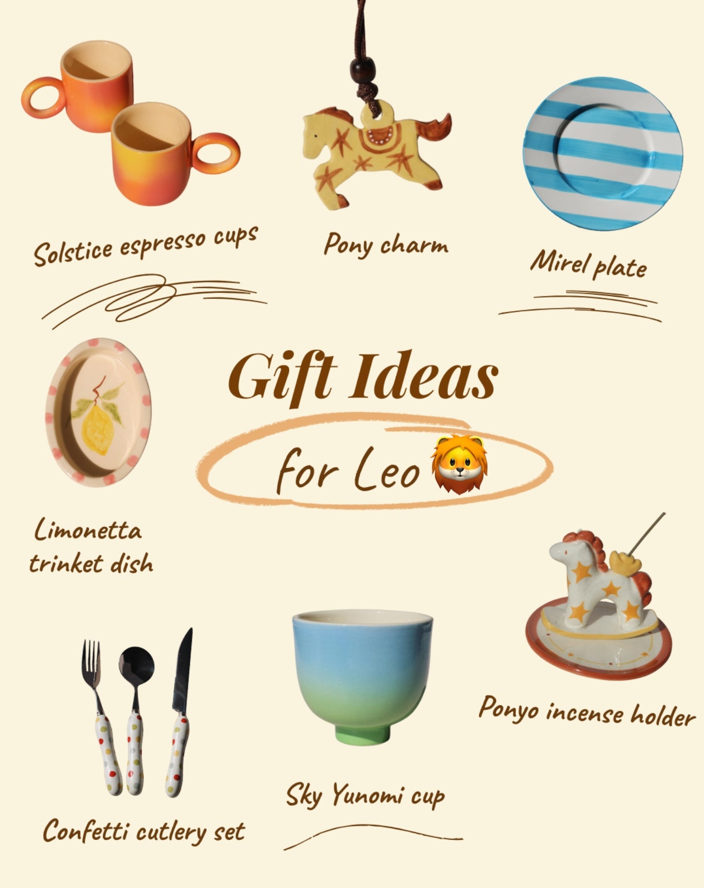 A cream-colored gift guide graphic titled 'Gift Ideas for Leo' featuring six themed items: two orange gradient espresso cups, a pony charm, a blue-and-white striped plate, a lemon-themed plate, a blue-to-green gradient cup, a pastel unicorn candle holder, and a confetti cutlery set with matching utensils.