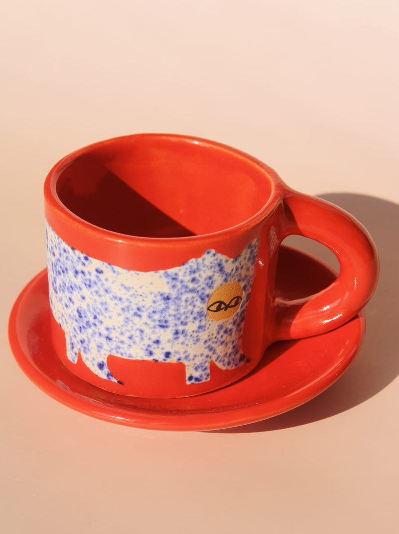 handmade scarlet ceramic monkey dessert plate with artisan ceramic espresso mug by Marta Shurpakova