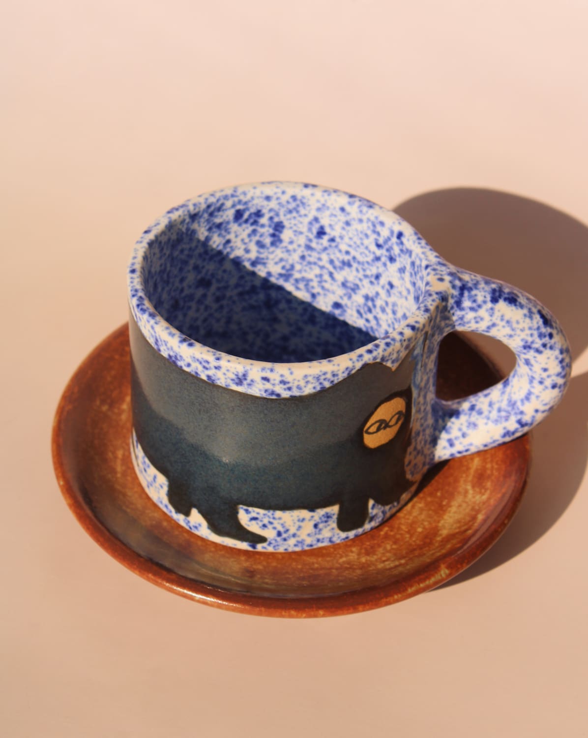 handmade ceramic monkey plate with artisan espresso mug by Marta Shurpakova small dessert plate set