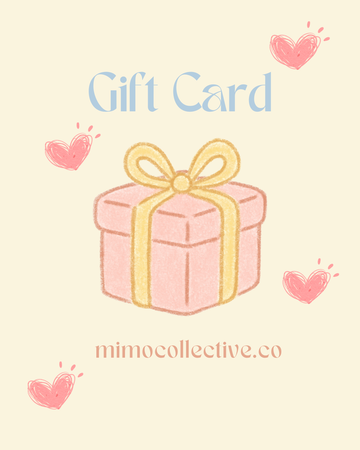 Gift card design with a pink gift box and yellow ribbon on a light pink background with hearts and butterflies.