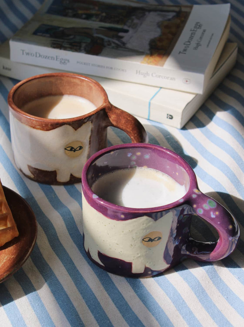 Artisan mulberry and chestnut cat mug for cozy coffee moments and unique kitchen styling