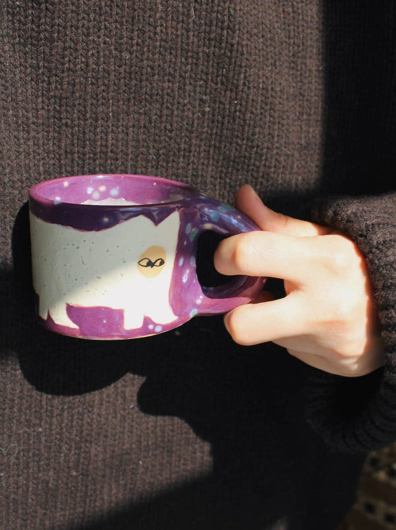 Artisan mulberry cat mug for cozy coffee moments and unique kitchen styling