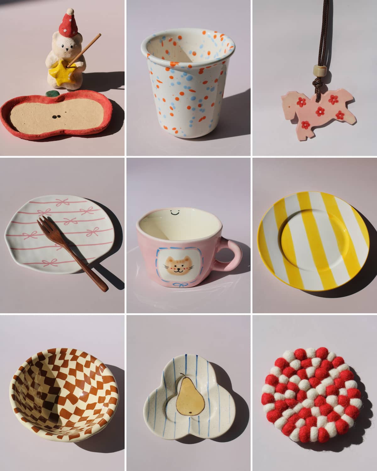Collage of handmade ceramic and artisan home goods including incense holders, ceramic mugs, clay charms, decorative plates, bowls and a felt trivet — unique gift finds from Mimo Collective