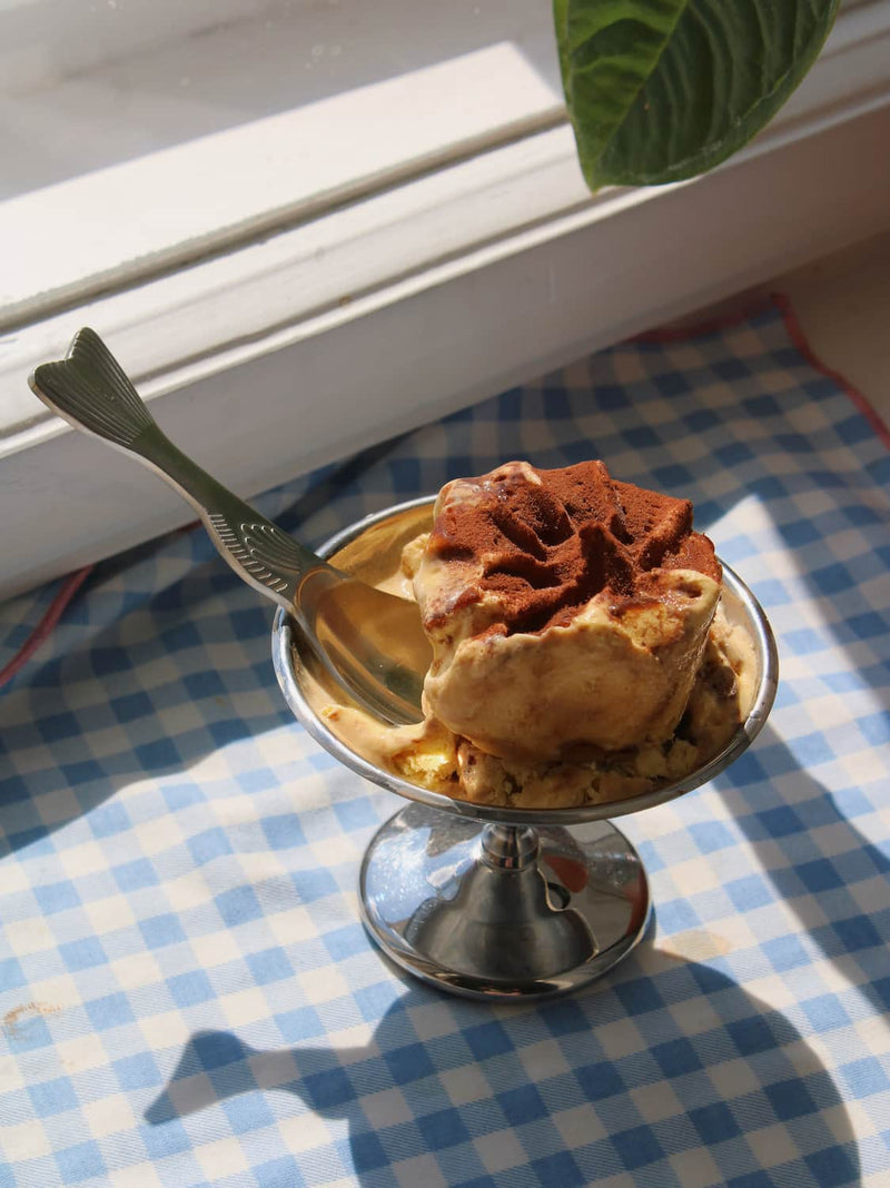 Pisca Spoon with fish tail detail resting in a silver pedestal ice cream dish filled with tiramisu, on a blue gingham surface with a terracotta plant pot by a sunny window.