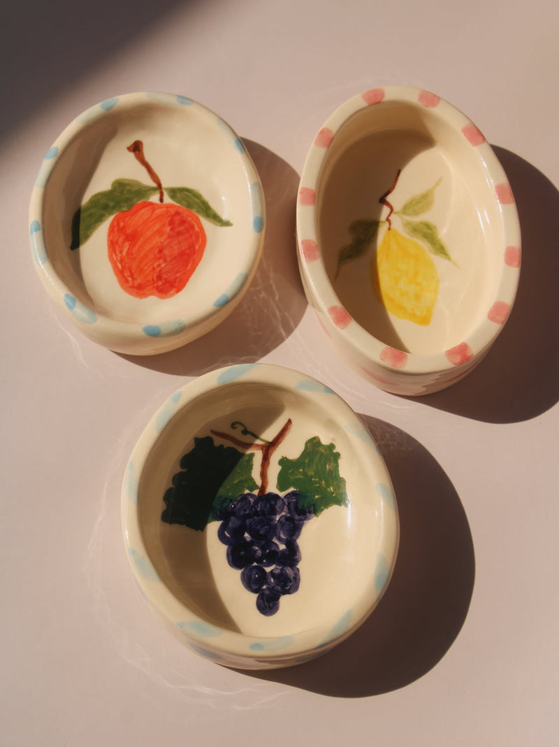 ceramic trinket dishes by Shannon O’Callaghan handmade fruit ring holder dishes grape lemon and cherry