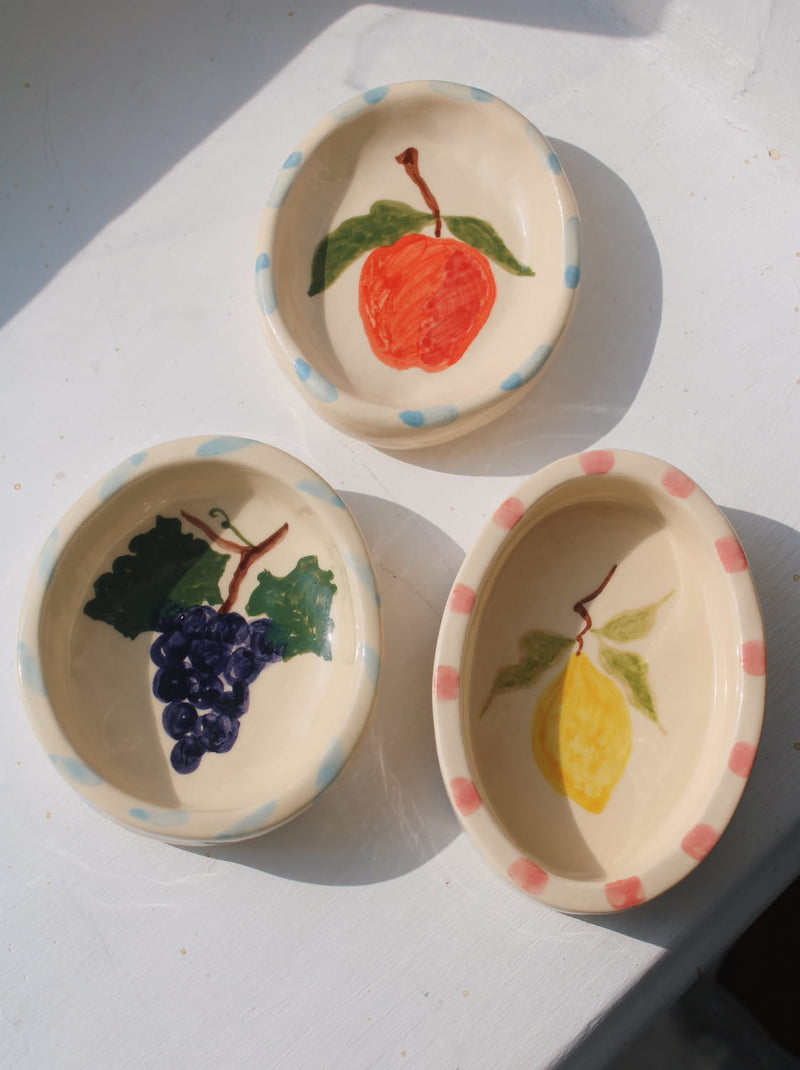 ceramic trinket dishes by Shannon O’Callaghan handmade fruit ring holder dishes lemon cherry and grape