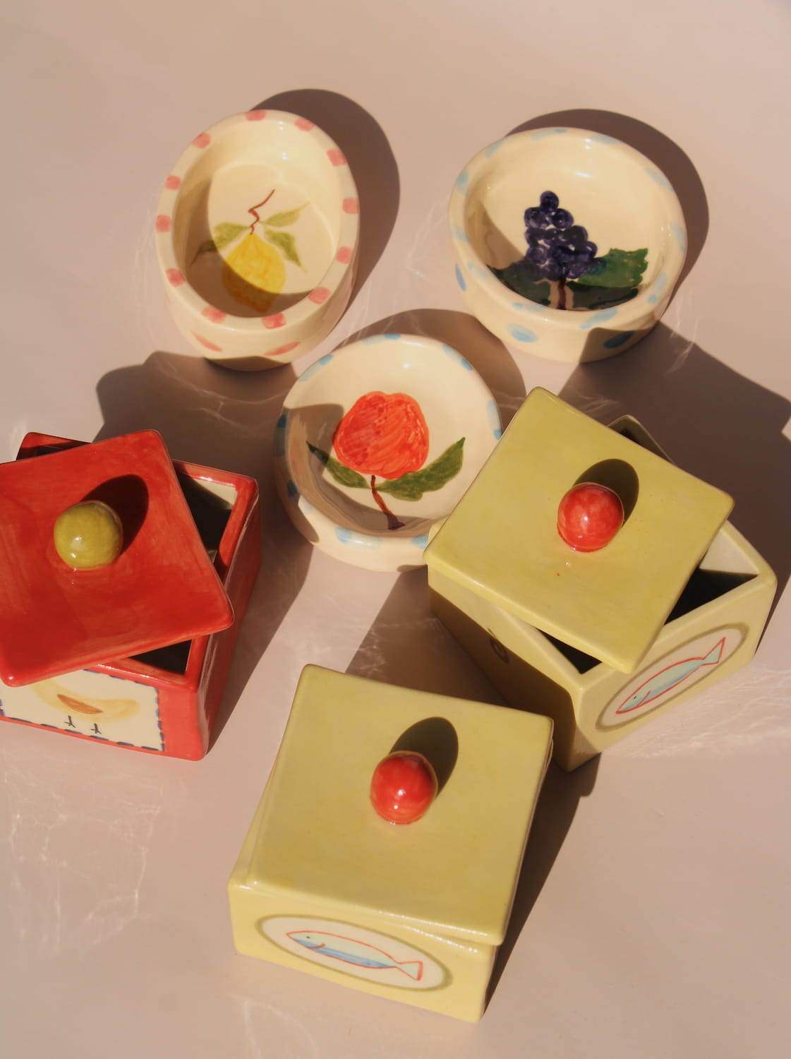 handmade ceramic mugs and trinket dishes by Shannon O’Callaghan floral pottery set aesthetic tableware and small ceramic objects