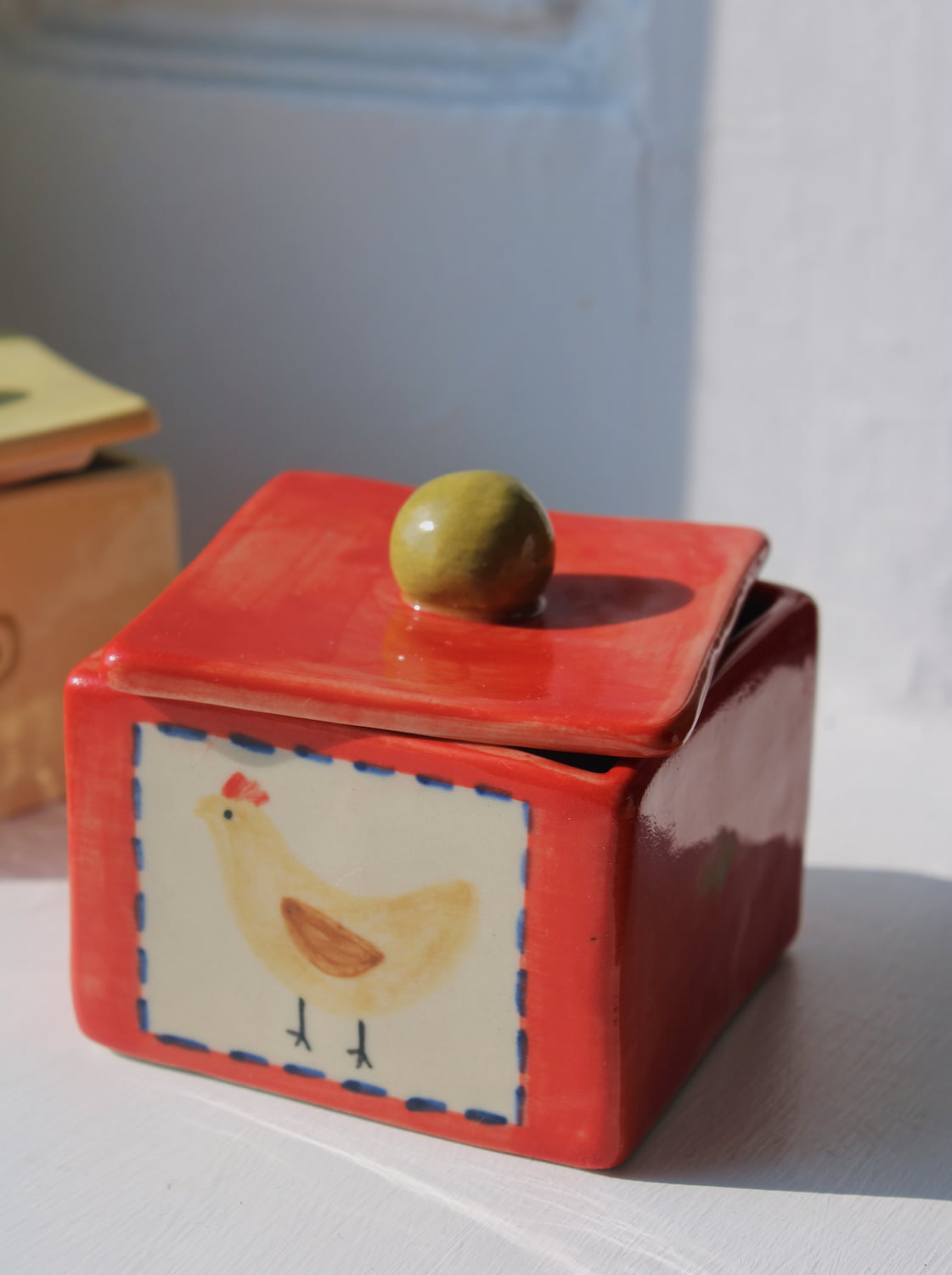 Henley ceramic trinket box by Shannon O’Callaghan handmade jewelry box with chicken illustration