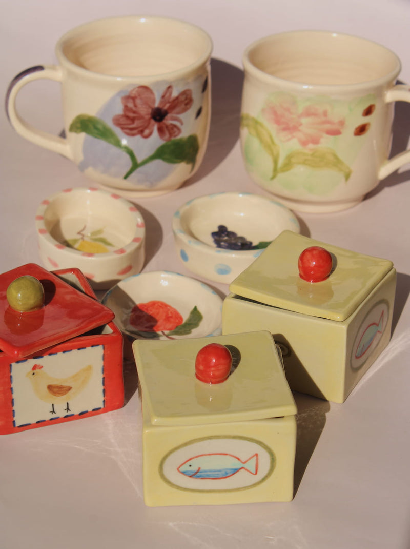 handmade ceramic mugs and trinket dishes by Shannon O’Callaghan floral pottery set aesthetic tableware and small ceramic objects