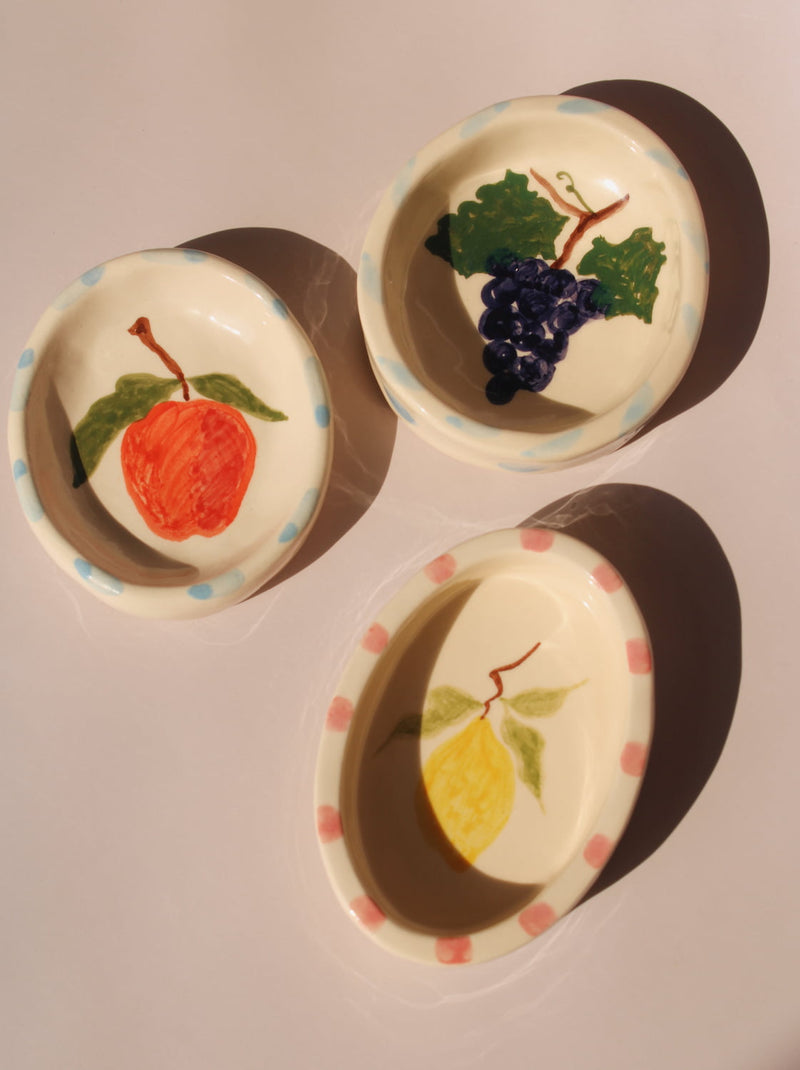 ceramic trinket dishes by Shannon O’Callaghan handmade fruit ring holder dishes grape lemon and cherry