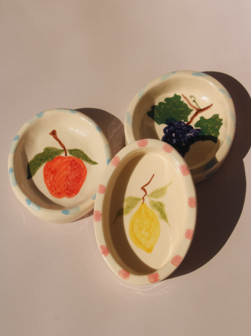 ceramic trinket dishes by Shannon O’Callaghan handmade lemon cherry and grape ring holder dishes