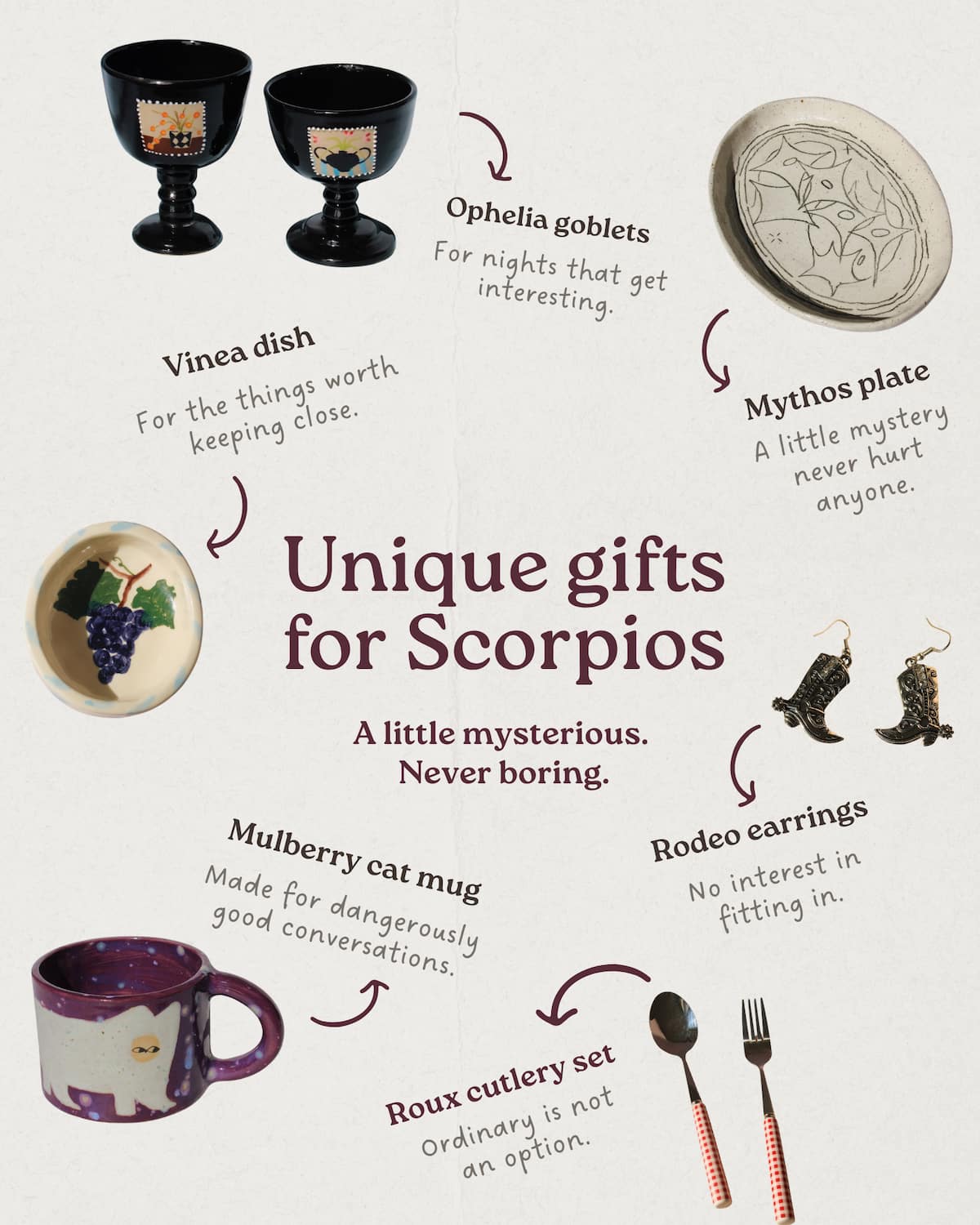 Unique Scorpio gifts featuring handmade ceramics, black goblets, a grape plate, a mulberry cat mug, statement earrings, and quirky cutlery from Mimo Collective。